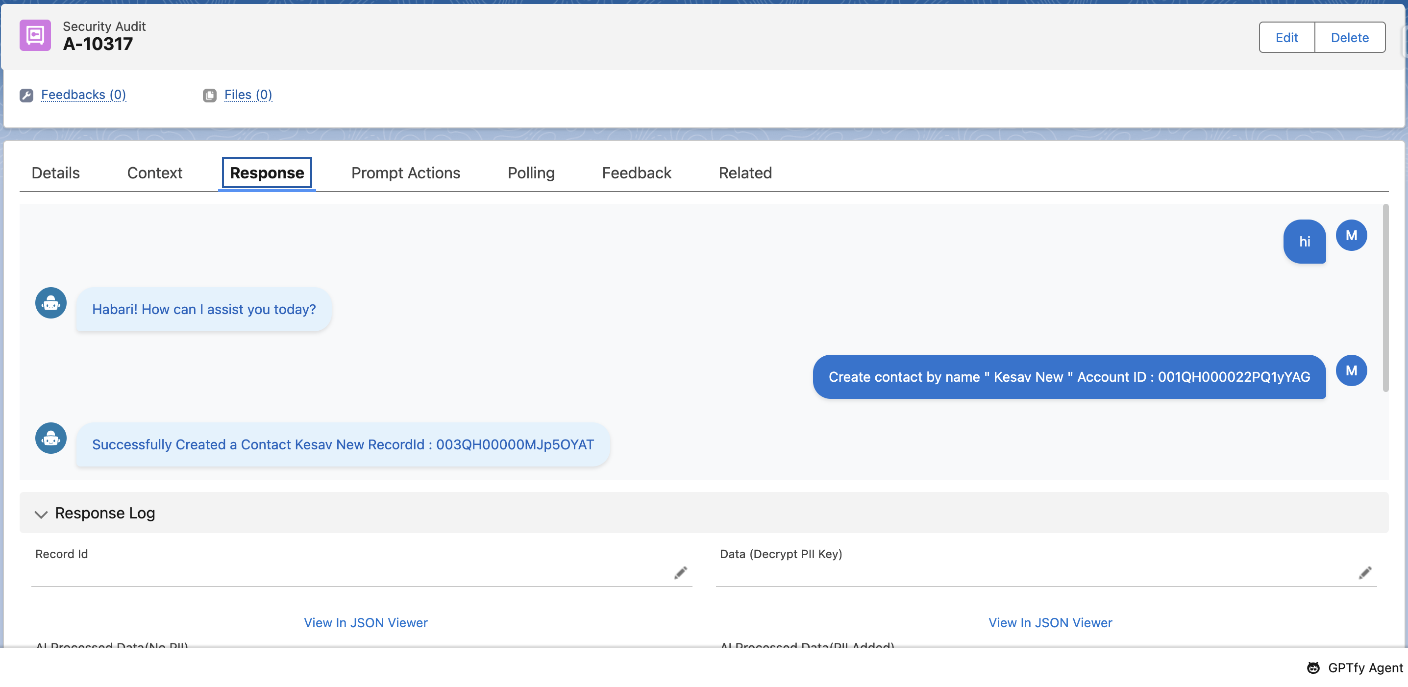 Response tab showing AI agent chat conversation and response log details